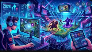 Футуристическая иллюстрация с элементами Dota 2 для статьи о трендах киберспорта 2026 года