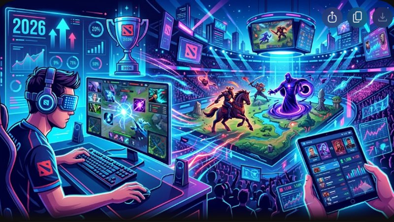 Футуристическая иллюстрация с элементами Dota 2 для статьи о трендах киберспорта 2026 года